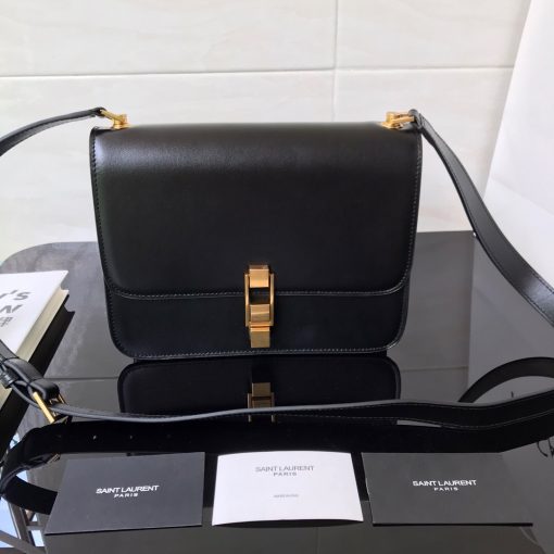 SAINT LAURENT Carre Flap Crossbody. Authentic Quality Bag with literature, gift box, dust bag, and authenticity card. SAINT LAURENT's 'Carre' is an investment piece you'll rely on for years to come. Inspired by vintage satchels, this structured shoulder bag has been expertly made in Italy from smooth black leather and decorated with logo-engraved gold hardware. The inside is fitted with zipped and flap pockets to keep your essentials organized. | CRIS&COCO Authentic Quality Designer Bags and Luxury Accessories