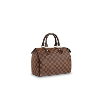 LOUIS VUITTON Speedy 25. Authentic Quality Bag with literature, dust bag and authenticity card. Crafted from supple Damier canvas, the Speedy 25 is an elegant, compact handbag, the ideal companion for city life. Launched in 1930 as the "Express" and inspired by that era's rapid transit, today’s updated Speedy remains a timeless House icon, with its singular silhouette, rolled leather handles and engraved signature padlock. | CRIS&COCO Authentic Quality Designer Bags and Luxury Accessories