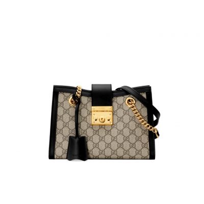 GUCCI Padlock Small GG Shoulder Bag. Authentic Quality Bag with literature, gift box, dust bag and authenticity card. A structured shoulder bag in GG Supreme canvas with a strap that secures with a key lock closure pulled straight from the archives. The key is placed in a detachable leather key case. | CRIS&COCO High-End Designer Bags and Luxury Accessories
