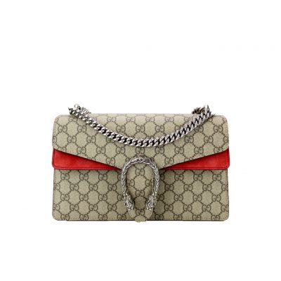 GUCCI Dionysus Small GG Blooms Shoulder Bag. High-end quality bag including gift box, literature, dust bag, authenticity card. A structured GG Supreme canvas bag with our textured tiger head closure-a unique detail referencing the Greek god Dionysus, who in myth is said to have crossed the river Tigris on a tiger sent to him by Zeus. The sliding chain strap can be worn multiple ways, changing between a shoulder and a top handle bag. | CRIS&COCO Authentic Quality Designer Bags and Luxury Accessories