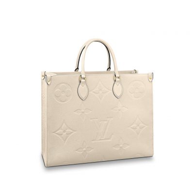 LOUIS VUITTON Onthego GM Monogram Empreinte Leather Tote. High-end quality bag including gift box, literature, dust bag, authenticity card. The stylishly oversized LV Onthego GM tote goes from workday to weekend without missing a beat. The bag’s square shape affords plenty of room for storing office files and a laptop. For the first time, this model is offered in Monogram Empreinte Giant, a supple embossed leather. Versatile, it can be carried by hand or worn over the shoulder on its two long straps. | Cris and Coco the Street Chic Experience. The Best Quality Designer Bags and Luxury Accessories