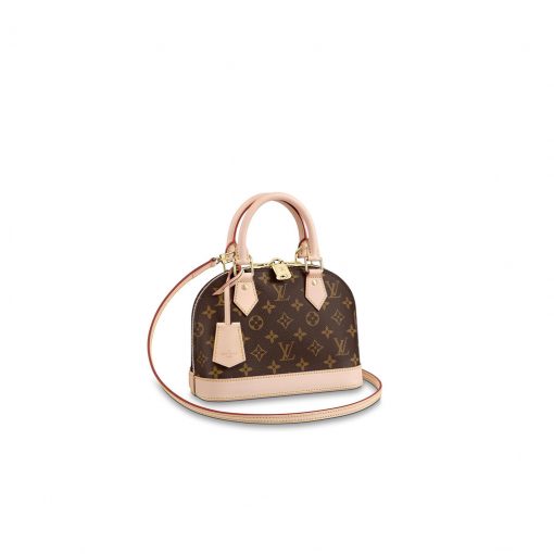 LOUIS VUITTON 'Alma' BB 2Way Bag. Original Quality Bag including gift box, care book, dust bag, authenticity card. This authentic quality bag is a fresh and elegant spin on a classic style that is perfect for all seasons. Crafted from LOUIS VUITTON brown coated canvas, this petite dome-shaped satchel features dual-rolled leather handles, Vachetta leather trims, protective base studs, leather clochette with key and zipper pull with LV logo lock charm and gold-tone hardware accents. Its all-around zip closure opens to a brown fabric-lined interior with a slip pocket for storing bare essentials. Its detachable strap allows this bag to be worn longer on the body for added versatility. | CRIS&COCO Authentic Quality Designer Bags and Luxury Accessories