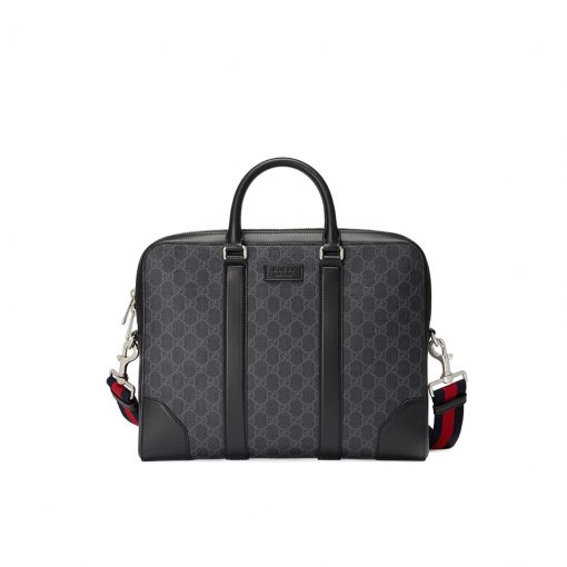 GUCCI GG Supreme Men's Briefcase. Original quality briefcase including gift box, booklet, dust bag, authenticity card. Ideal for the discerning man about town, this GG Supreme laptop bag from Gucci is sure to impress. Whether for a business trip, client meeting, or work event, this bag is designed with luxury in mind. Featuring leather trim, round top handles, a top zip fastening, an internal zip pocket, and signature web detachable and adjustable shoulder strap. | Cris and Coco. High End Designer Bags and Luxury Accessories