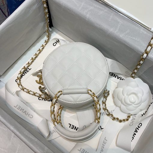 CHANEL Round Chain Clutch. AAA Quality Clutch including gift box, literature, dust bag, authenticity card. The little-noticed round clutch with chain. It’s neat, sweet and petite. Some might call it more of a coin purse or an accessory for your purse. An iPhone likely won’t fit and forget about any plus size device. But if your needs are little, it certainly can hold a credit card, some cash and lipstick. | CRIS&COCO Authentic Quality Designer Bag and Luxury Accessories