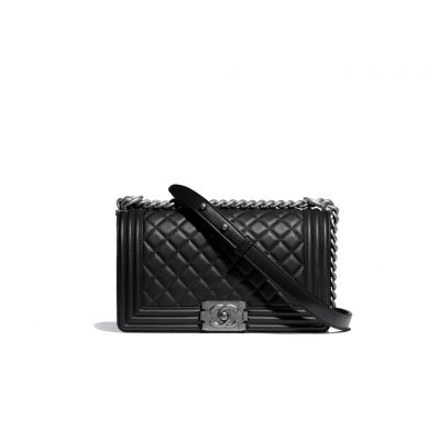 CHANEL Boy Quilted Leather Flap Bag. Original Quality Bag including gift box, literature, dust bag, authenticity card. This stand-out, enviable CHANEL Boy quilted flap bag features a chunky chain-link strap with shoulder pad, CC Boy logo push-lock closure, and antiqued hardware accents. Its push-lock closure opens to a black fabric-lined interior with side zip and slip pockets to secure daily essentials. | Cris and Coco Designer Bags and Accessories