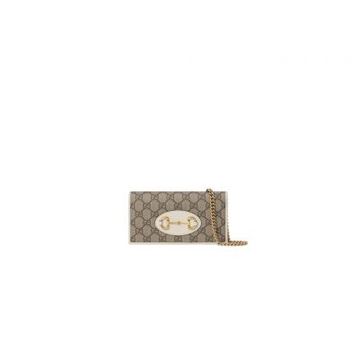 GUCCI 1955 GG Supreme Horsebit Wallet On Chain. Original Quality Wallet including gift box, care book, dust bag, authenticity card. This chain wallet in GG Supreme canvas and leather is introduced as part of the Gucci Horsebit 1955 accessories collection, defined by the double ring and bar design also found in Handbags. The folded snap-closure shape features several card slots and pockets, completed with a detachable chain strap. | CRIS&COCO Authentic Quality Designer Bags and Luxury Accessories