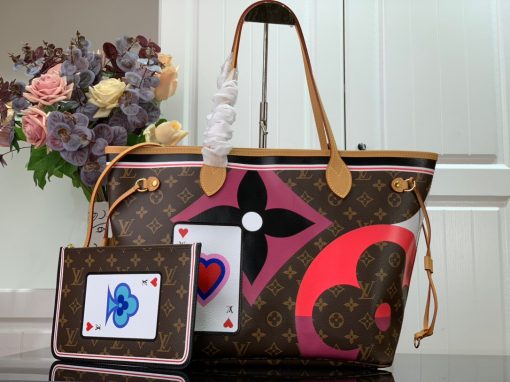 LOUIS VUITTON Game On Neverfull MM Tote Bag. Original Quality Bag including gift box, care book, dust bag, authenticity card. For Cruise 2021, Nicolas Ghesquière fashions the Neverfull MM tote bag in Monogram canvas adorned with a bold print blending Monogram Flowers and symbols of playing card suits. With a new outside pocket that looks like a playing card and another on the removable zipped pouch, this versatile tote becomes a playful homage to gaming.. | CRIS&COCO Authentic Quality Designer Bags and Luxury Accessories