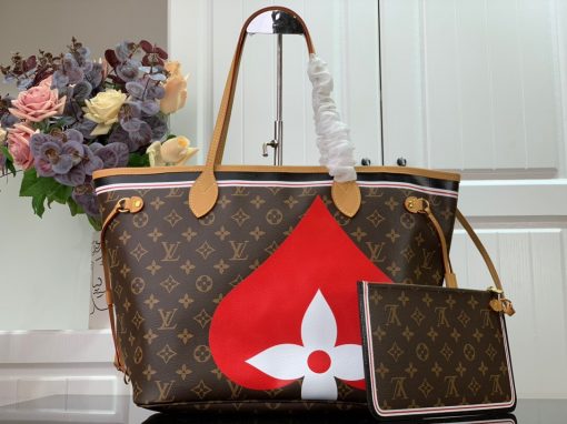 LOUIS VUITTON Game On Neverfull MM Tote Bag. Original Quality Bag including gift box, care book, dust bag, authenticity card. For Cruise 2021, Nicolas Ghesquière fashions the Neverfull MM tote bag in Monogram canvas adorned with a bold print blending Monogram Flowers and symbols of playing card suits. With a new outside pocket that looks like a playing card and another on the removable zipped pouch, this versatile tote becomes a playful homage to gaming.. | CRIS&COCO Authentic Quality Designer Bags and Luxury Accessories