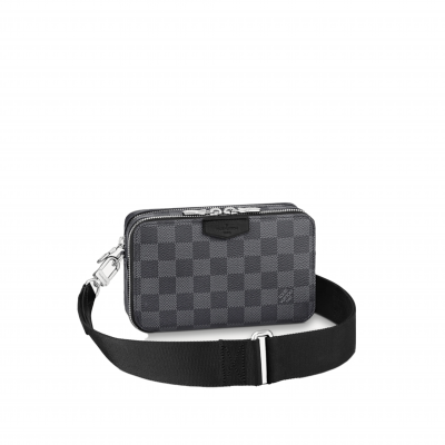 LOUIS VUITTON Alpha Wearable Damier Graphite Wallet. Original Quality Wallet including gift box, care book, dust bag, authenticity card. This Alpha Wearable Wallet is a versatile compact bag. Thanks to its adjustable and removable strap, thus it can be carried in different ways. This is made from Damier Graphite canvas and trimmed in black leather. The wide opening and side gussets give easy access to belongings inside. Perfect for carrying a phone (or two) and a wallet. | CRIS&COCO Authentic Quality Designer Bags and Luxury Accessories