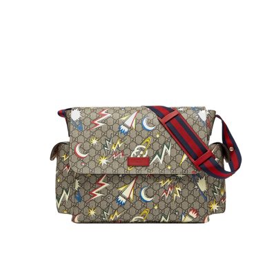 GUCCI GG Supreme Baby Changing Bag. Original Quality Bag including gift box, care book, dust bag, authenticity card. A baby changing bag crafted from Supreme canvas is animated by a print that recalls outer space–a theme used throughout Gucci's collections. Set against the House's emblematic monogram motif, the baby changing diaper bag is defined by spaceships, stars, and images from the galaxy. Also, outer space continues to influence Gucci's latest collections in new, whimsical ways. | CRIS&COCO Authentic Quality Designer Bags and Luxury Accessories