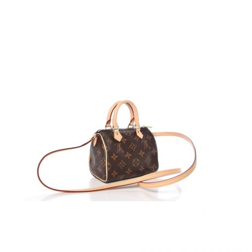 LOUIS VUITTON Nano Speedy Bag. Original Quality Bag including gift box, care book, dust bag, authenticity card. This bag is a perfect miniature version of Louis Vuitton's iconic Speedy bag. Crafted from Monogram canvas with natural leather trim, it features two handles and a long strap for shoulder or cross-body carry. Extremely lightweight and large enough for a smartphone, cards and keys, it is a stylish way to carry essentials. | CRIS&COCO Authentic Quality Designer Bags and Luxury Accessories