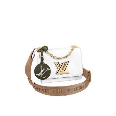 LOUIS VUITTON Twist PM. Original Quality Bag including gift box, care book, dust bag, authenticity card. This bag is a true statement-maker on any of your attire, the design itself speaks a lot; especially the remarkable LV signature on the front. Kudos to the clever minds; the design is truly deceptive in appearance. The classic handbag in grained white Epi leather takes on a new appeal thanks to its removable jacquard strap with 'Louis Vuitton' woven into the fabric and a leather LV charm. The adjustable strap, which offers shoulder or cross-body carry, comes in a tone-on-tone caramel colorway. | CRIS&COCO Authentic Quality Designer Bags and Luxury Accessories