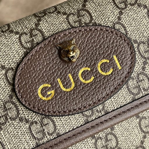 GUCCI Neo Vintage GG Supreme belt bag. The belt bag in GG Supreme has a retro-influenced design. Trimmed with leather, the style is meant to be worn around the waist, securing with a Web strap and buckle closure. Beige/ebony GG Supreme canvas, a material with low environmental impact, with brown leather trims. Green and red Web. Oval Gucci leather tag with a feline head. Adjustable nylon Web belt with plastic buckle closure. | CRIS&COCO Authentic Quality Designer Bags and Luxury Accessories