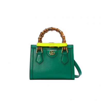 GUCCI Diana Mini Tote Bag. Original Quality Bag including gift box, care book, dust bag, authenticity card. Combining recognizable elements of the House, the mini tote bag is defined by its bamboo handles and Double G hardware. Crafted from leather, the accessory is further accentuated by two neon bands, a playful reference to the bands used to keep handles in shape. | CRIS&COCO Authentic Quality Designer Bags and Luxury Accessories