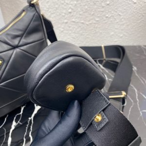 PRADA Padded Shoulder Bag. Authentic quality luxury bag crafted in genuine leather comes with authenticity card, dust bag and gift bag. Patchwork elegance meets functional versatility in this chic leather shoulder bag. This padded leather shoulder bag has a unique triangle-shaped patchwork stitching design, giving it a distinctive look. It features an adjustable logo-print woven nylon shoulder strap for added comfort. The front of the bag is adorned with the iconic enameled metal triangle logo, adding a touch of elegance. Additionally, this versatile accessory comes with a detachable zipper pouch that can be conveniently attached to the shoulder strap.