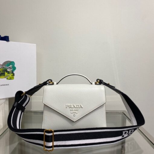 PRADA Monochrome Saffiano And Leather Bag. Original Quality Bag including gift box, care book, dust bag, authenticity card. The refined design of the Prada Monochrome bag in Saffiano leather is emphasized by the tonal effect of the iconic logo. Clean elegant lines define the bag made versatile by the removable woven tape shoulder strap embroidered with the logo in a contrasting color.| CRIS&COCO Authentic Quality Designer Bag and Luxury Accessories