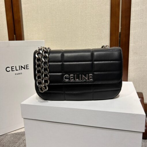 CELINE Matelasse Monochrome Chain Shoulder Bag. Original Quality Bag including gift box, care book, dust bag, authenticity card. This shoulder bag is enwrapped with a fresh graphic goatskin quilting and metal lettering in the monochrome Celine logo, adorned with an oversized chain strap, allowing the bag to be worn cross-body depending on the desires of the wearer. | CRIS&COCO Authentic Quality Designer Bag and Luxury Accessories