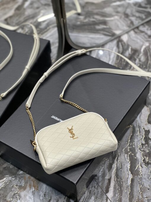 SAINT LAURENT Gaby Chain Pouch. Original Quality Bag including gift box, care book, dust bag, authenticity card. Crafted from lambskin leather this Gaby zipped pouch decorated with the Cassandre and Carré-quilted overstitching. | CRIS&COCO Authentic Quality Designer Bag and Luxury Accessories