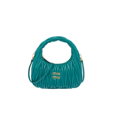 MIU MIU Wander Matelassé Mini Hobo Bag. Original Quality Bag including gift box, care book, dust bag, authenticity card. The Miu Wander bag is reinterpreted season after season, becoming an iconic accessory of Miu Miu collections. Made of matelassé nappa leather, the bag is characterized by the sophisticated, three-dimensional effect created by the refined workmanship. The hobo shape, blending retro inspirations and contemporary elegance, becomes a new synonym of modern femininity. | CRIS&COCO Authentic Quality Designer Bag and Luxury Accessories
