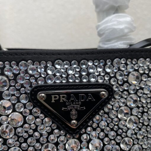 PRADA Panier Satin Bag With Crystals. Original Quality Bag including gift box, care book, dust bag, authenticity card. The elegant design of this Panier bag is emphasized by luminous all-over crystals that recall the jewelry world. The bag has a detachable shoulder strap and an exclusive name tag with metal logo. | CRIS&COCO Authentic Quality Designer Bags and Luxury Accessories