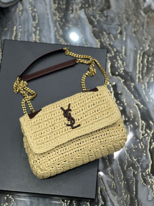 SAINT LAURENT Niki Baby Chain Bag In Raffia And Leather. Original Quality Bag including gift box, care book, dust bag, authenticity card. Niki raffia shoulder bag from SAINT LAURENT featuring woven raffia design, signature YSL logo plaque, gold-tone hardware, front flap closure, magnetic fastening, internal flat pocket and sliding chain-link shoulder strap. | CRIS&COCO Authentic Quality Designer Bags and Luxury Accessories