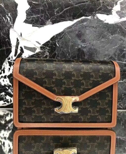 CELINE Wallet On Chain Triomphe. Original Quality Bag including gift box, care book, dust bag, authenticity card. Looking for a reasonable priced high fashion WOC. Take a look at this latest Celine Wallet On Chain from the Spring Summer 2021 Collection. Made from calfskin, this WOC is made for flaunting. The center comes with the famous Triomphe CC logo. There are different colors available, but the bag comes with a chain colored in gold hardware. The chain can also be removed so you can turn it into an evening clutch. You also get a shoulder pad. | CRIS&COCO Authentic Quality Designer Bags and Luxury Accessories