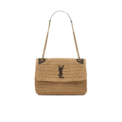 SAINT LAURENT Niki Baby Chain Bag In Raffia And Leather. Original Quality Bag including gift box, care book, dust bag, authenticity card. Niki raffia shoulder bag from SAINT LAURENT featuring woven raffia design, signature YSL logo plaque, gold-tone hardware, front flap closure, magnetic fastening, internal flat pocket and sliding chain-link shoulder strap. | CRIS&COCO Authentic Quality Designer Bags and Luxury Accessories