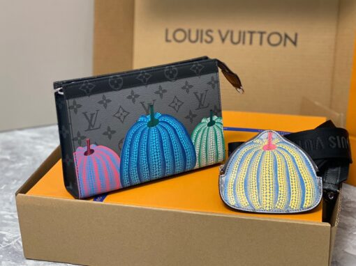 LOUIS VUITTON X YAYOI KUSAMA Gaston Wearable Wallet. High-End Quality Bag including gift box, care book, dust bag, authenticity card. On-trend and practical, the LVxYK Gaston wallet joins the “Pumpkins” theme of the Louis Vuitton x Yayoi Kusama collection with a vibrant new look. The venerated Japanese artist’s iconic pumpkins are printed in bright colors on Monogram Eclipse Reverse canvas. And it comes with a removable pumpkin-shaped pouch, perfect for coins and contactless payment cards. | CRIS AND COCO Authentic Quality Luxury Accessories