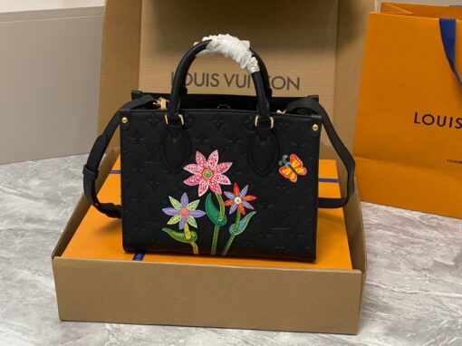 LOUIS VUITTON x Yayoi Kusama OnTheGo PM. High-End Quality Bag including gift box, care book, dust bag, authenticity card.  The LVxYK OnTheGo PM exuberates artwork with its high-precision marquetry featuring three flowers and a butterfly. Yayoi Kusama, the artist behind the Louis Vuitton x Yayoi Kusama collection, was raised surrounded by roses at her family’s plant nursery in Japan, and she has since created a number of masterpieces depicting them. Crafted within Monogram Empreinte cowhide, the bag is a stunning homage to art and Louis Vuitton’s exceptional craftsmanship. | CRIS AND COCO Authentic Quality Luxury Accessories