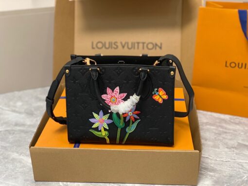 LOUIS VUITTON x Yayoi Kusama OnTheGo PM. High-End Quality Bag including gift box, care book, dust bag, authenticity card.  The LVxYK OnTheGo PM exuberates artwork with its high-precision marquetry featuring three flowers and a butterfly. Yayoi Kusama, the artist behind the Louis Vuitton x Yayoi Kusama collection, was raised surrounded by roses at her family’s plant nursery in Japan, and she has since created a number of masterpieces depicting them. Crafted within Monogram Empreinte cowhide, the bag is a stunning homage to art and Louis Vuitton’s exceptional craftsmanship. | CRIS AND COCO Authentic Quality Luxury Accessories