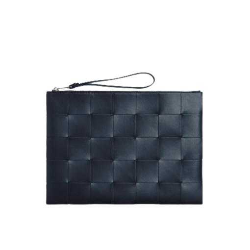BOTTEGA VENETA Large Intreccio Leather Pouch.  High-End Quality Bag including gift box, care book, dust bag, authenticity card. This stylish zipped pouch from Bottega Veneta is a handy accessory to have. It is expertly crafted from a luxurious leather featuring the signature Intreccio weave. It features a removable wristlet so you can carry it however you desire. It also has a smooth leather interior lining which adds to its fine quality. It closes with a reliable metal zipper that runs across the top. Its multifunctional design makes it an essential addition to any wardrobe. | CRIS AND COCO Authentic Quality Luxury Accessories