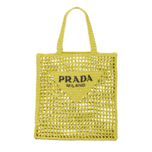 Crochet Tote Bag. Elevate your style with Prada's signature tote bag. This tote bag is the perfect addition to any summer wardrobe! Adorned with Prada's iconic triangle logo and embroidered lettering, its soft, deconstructed design is made with a light and natural raffia-effect yarn. It's sure to add an elevated touch to your ensemble. | CRIS&COCO Authentic Quality Designer Bags and Luxury Accessories