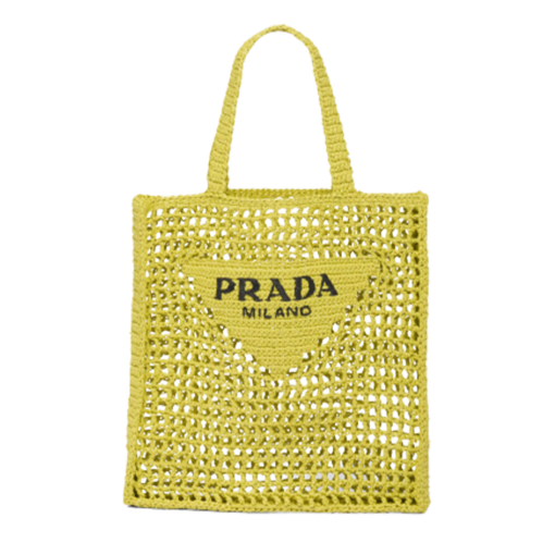 PRADA Crochet Tote Bag. Elevate your style with Prada's signature tote bag. This tote bag is the perfect addition to any summer wardrobe! Adorned with Prada's iconic triangle logo and embroidered lettering, its soft, deconstructed design is made with a light and natural raffia-effect yarn. It's sure to add an elevated touch to your ensemble. | CRIS&COCO Authentic Quality Designer Bags and Luxury Accessories