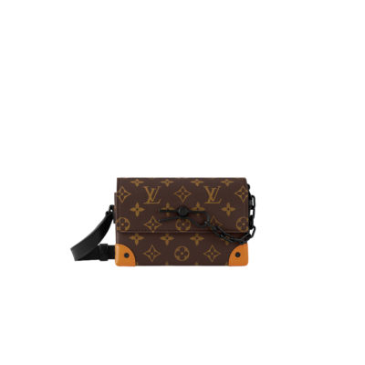 LOUIS VUITTON Steamer Wearable Wallet. Style meets function: Elevate your everyday. The Steamer Wearable Wallet is a tasteful creation that draws inspiration from the timeless design codes of our House's classic Steamer bags. Crafted with utmost precision, this wallet is constructed with durable Monogram Macassar canvas and features reinforced saffron leather corners for added strength. The use of black metal hardware, including rivets on the corners and a steamer-style chain, adds a touch of elegance to this piece. Rest assured, your valuables will be kept safe and organized with the inclusion of an inside zipped pocket. | CRIS&COCO Authentic Quality Designer Bags and Luxury Accessories