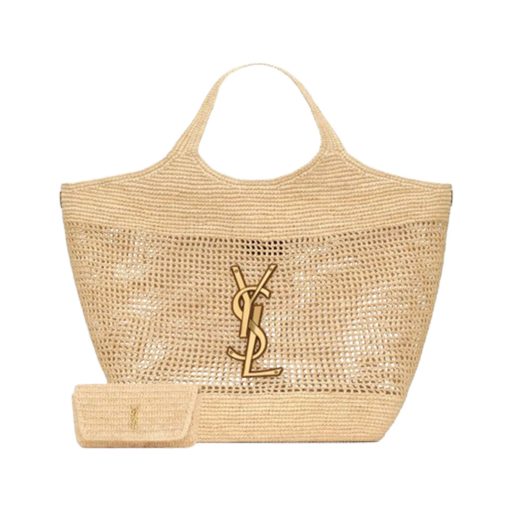 SAINT LAURENT ICare In Raffia: Handcrafted Elegance with Versatile Style. Introducing the Maxi Shopping Bag, exquisitely crafted from hand-embroidered natural raffia. This exceptional piece showcases the finest savoir-faire and specialized craftsmanship. Adorned with an oversized, sculptural Cassandre, the bag features an inner chain that can be used to adjust the sides for versatile styling. Additionally, it comes with a removable raffia sunglasses case, elegantly attached by a long chain, blending functionality with high fashion.