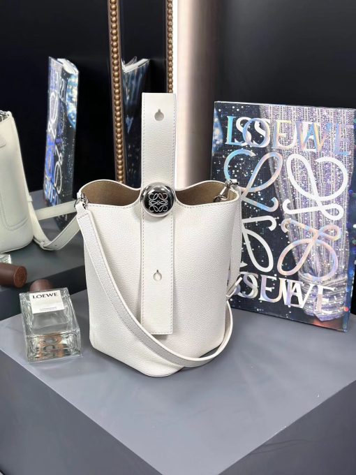 LOEWE Pebble Bucket Mini bag in soft grained calfskin with adjustable Anagram Pebble strap.