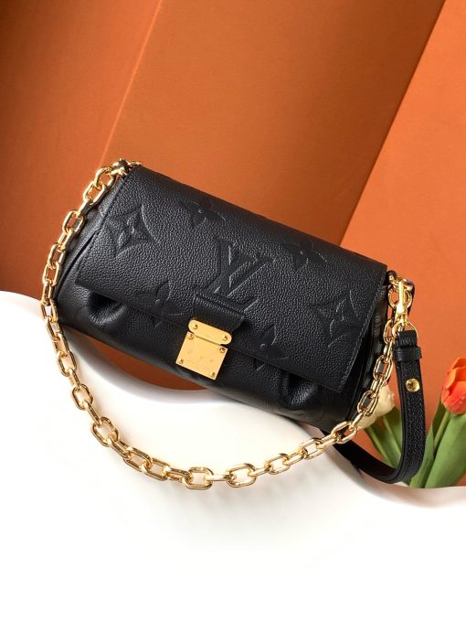 LOUIS VUITTON Favorite: Effortlessly Chic, Versatile Style. Meet The Favorite—a stunning blend of elegance and versatility. Crafted from soft, grained leather adorned with a bold oversized embossed Monogram pattern, this bag is the epitome of chic style. Feminine pleats add a couture-inspired touch, while the gold-tone magnetic lock pays homage to the Maison's storied heritage. With its removable and adjustable strap, The Favorite offers multiple ways to wear: short-shoulder or cross-body for day, and a detachable gold-tone chain for a glamorous evening look. Effortlessly stylish and endlessly adaptable, The Favorite is the perfect accessory for every occasion.