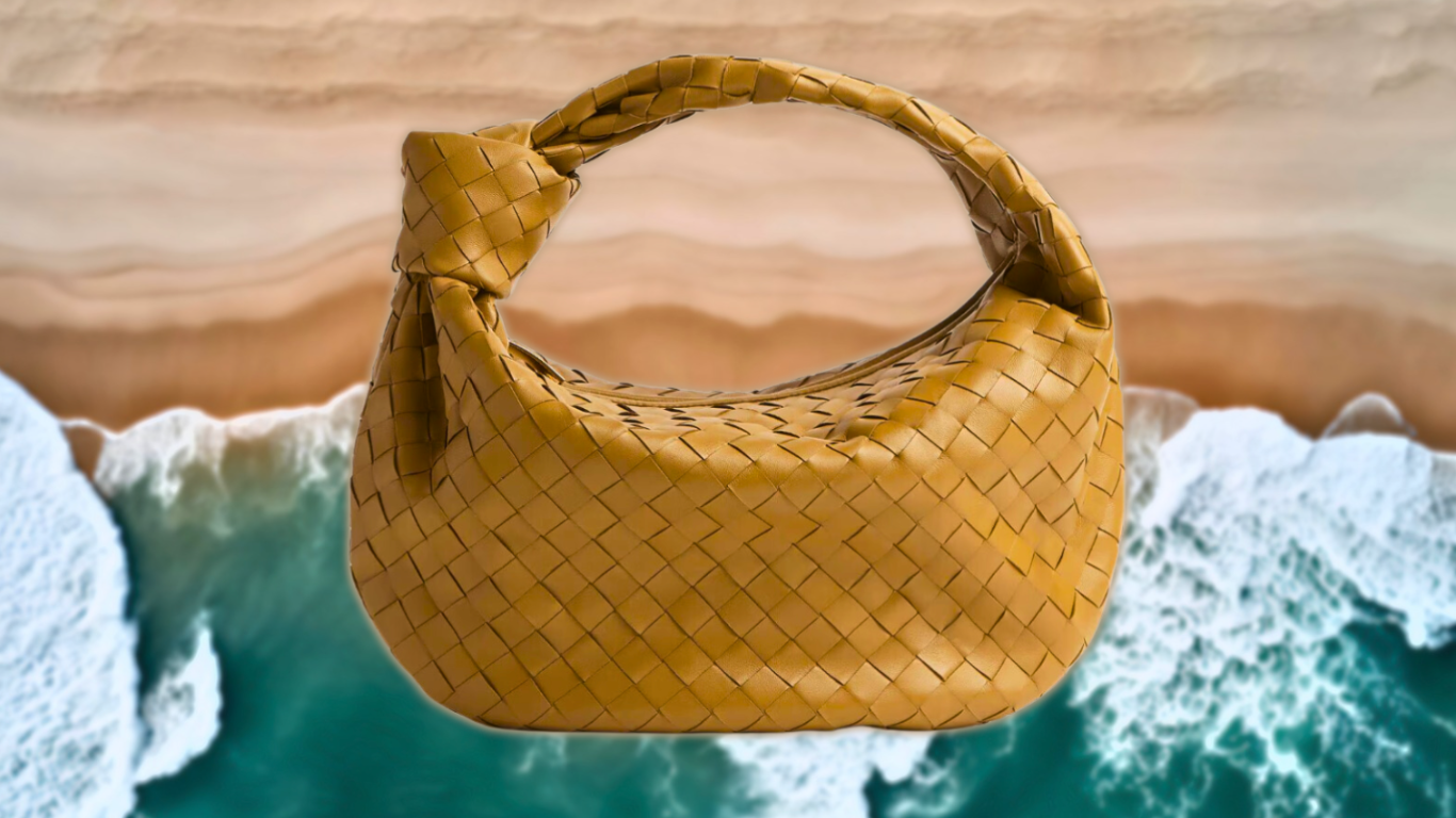 BOTTEGA VENETA Mini Jodie in white brown leather on a sandy beach