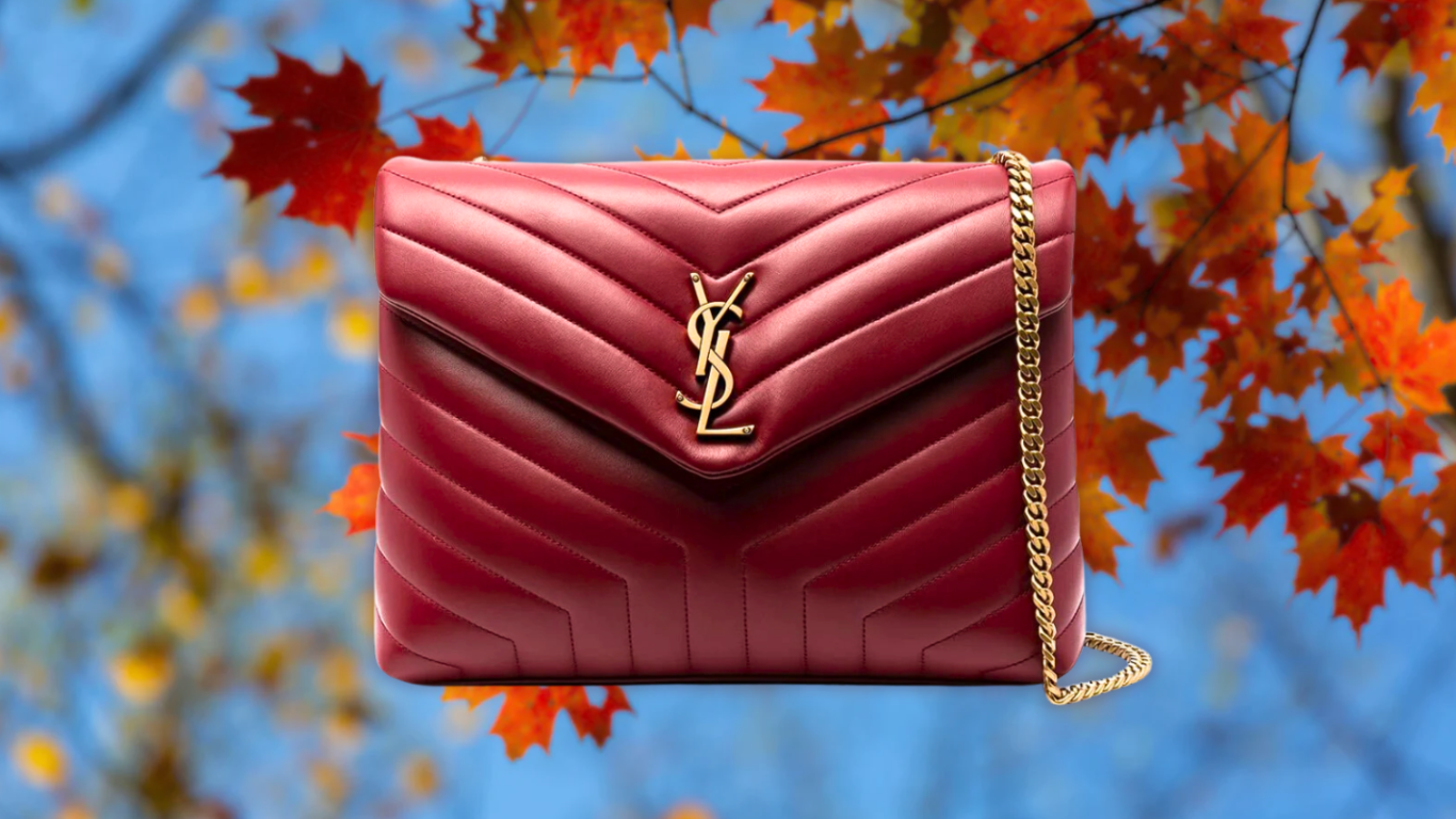 SAINT LAURENT Loulou bag in brown leather surrounded by autumn leaves