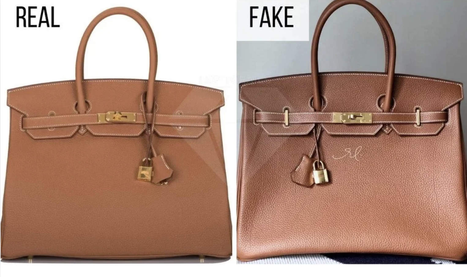 A comparison of an authentic and replica Hermès Birkin bag.