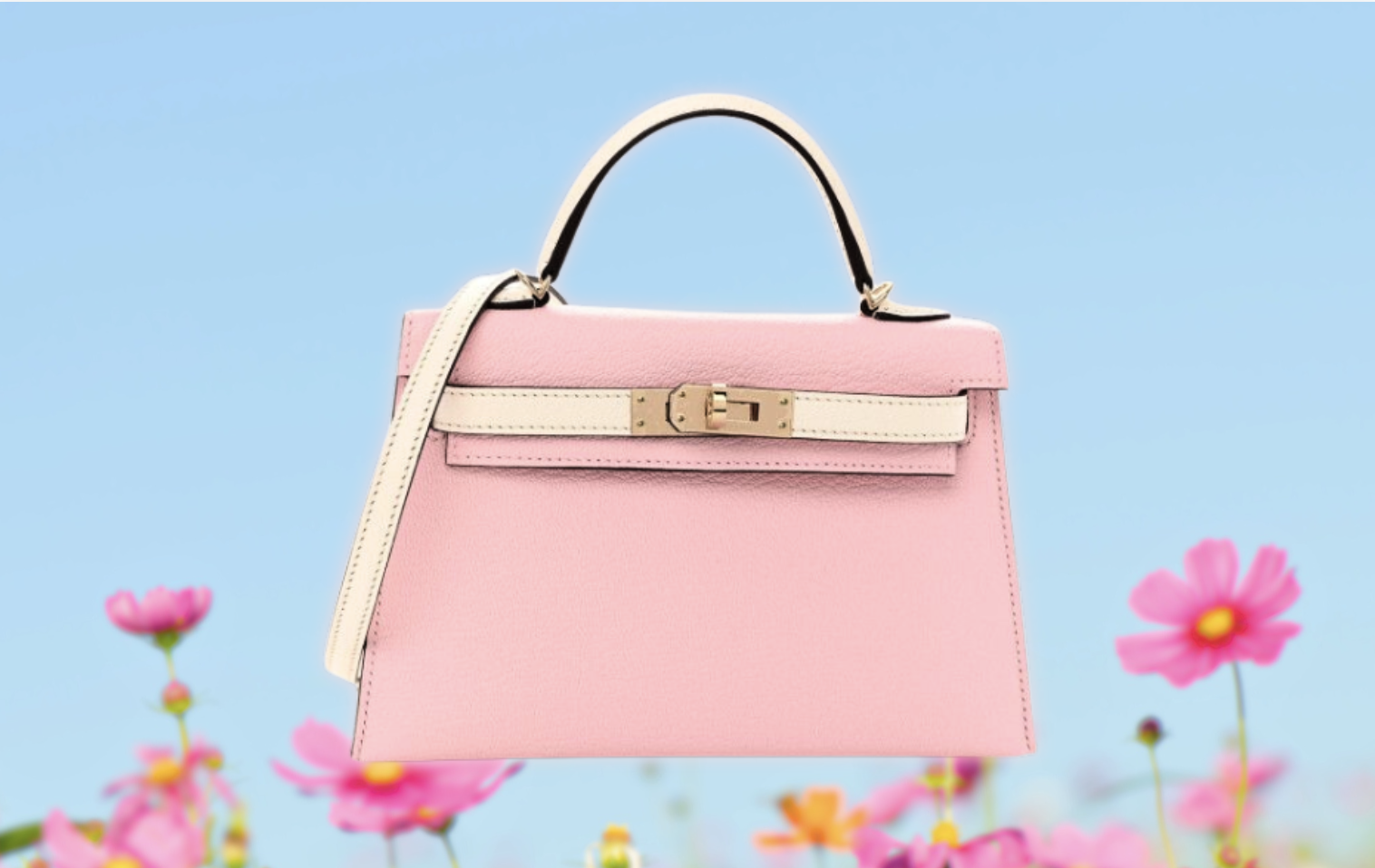 Pastel HERMES Kelly bag on a spring background