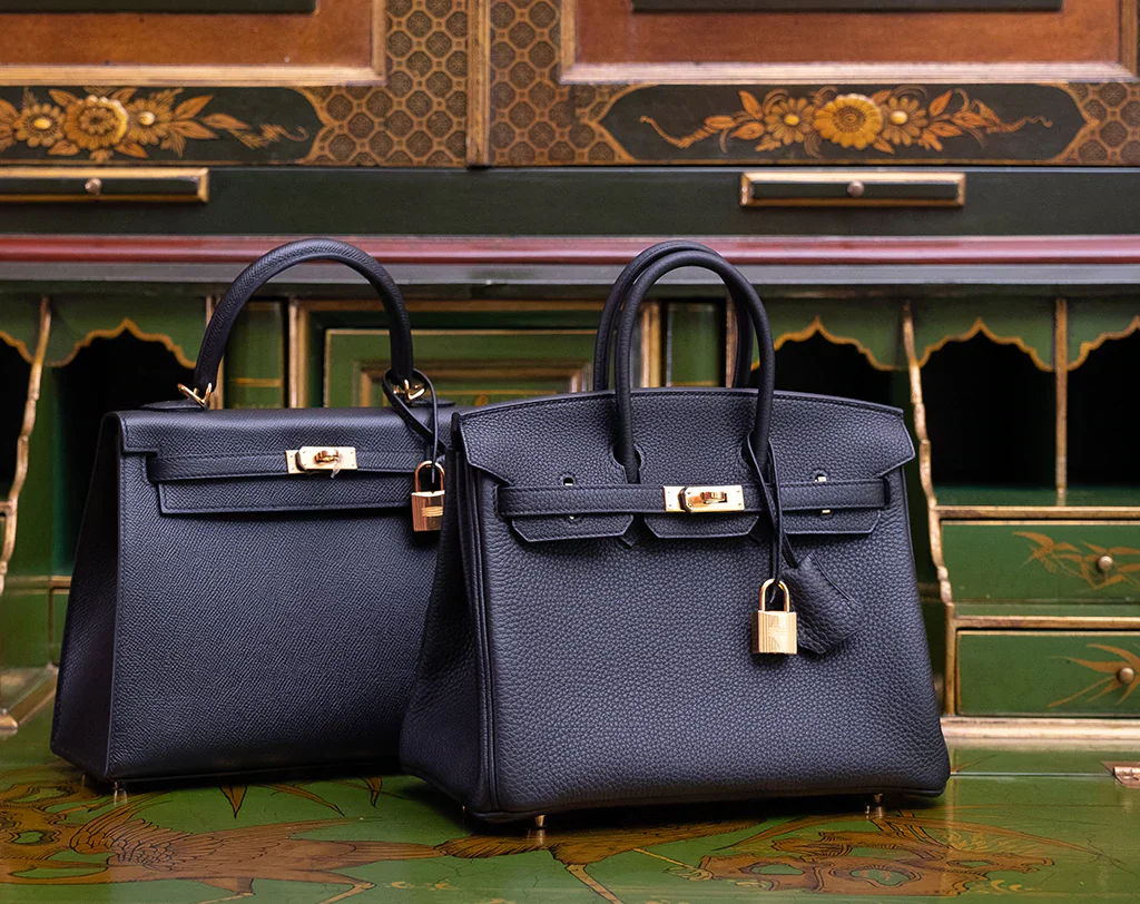 A side-by-side comparison of an authentic luxury handbag and a counterfeit version.