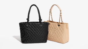 Two handbags side-by-side—one with a GUCCI logo, one blank but otherwise identical