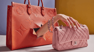 A deconstructed designer handbag being examined under studio lighting