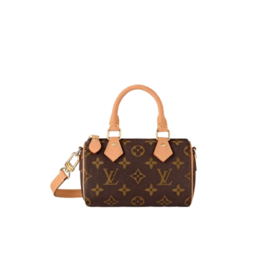Speedy Nano. Authentic quality luxury bag crafted in genuine leather comes with authenticity card, dust bag and gift bag. Iconic Style, Perfectly Miniaturized. Meet the LV Speedy Nano — a petite powerhouse that captures the timeless allure of the iconic Speedy in its most charming form. Revamped in classic Monogram canvas and finished with aged natural cowhide leather, this mini marvel is made for the modern minimalist. Crafted with delicate gold-tone hardware and featuring two signature top handles, the Speedy Nano is both playful and practical. Its removable, adjustable shoulder strap adds effortless versatility—carry it by hand for polished poise or sling it crossbody for chic, on-the-go ease. Compact enough for your essentials. Iconic enough to turn heads. Small bag, big legacy!